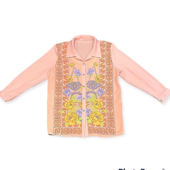 Vintage 70’s 80’s Pink Long Sleeve Button Down Knit Collared Floral Asian Shirt - Picture 1 of 11